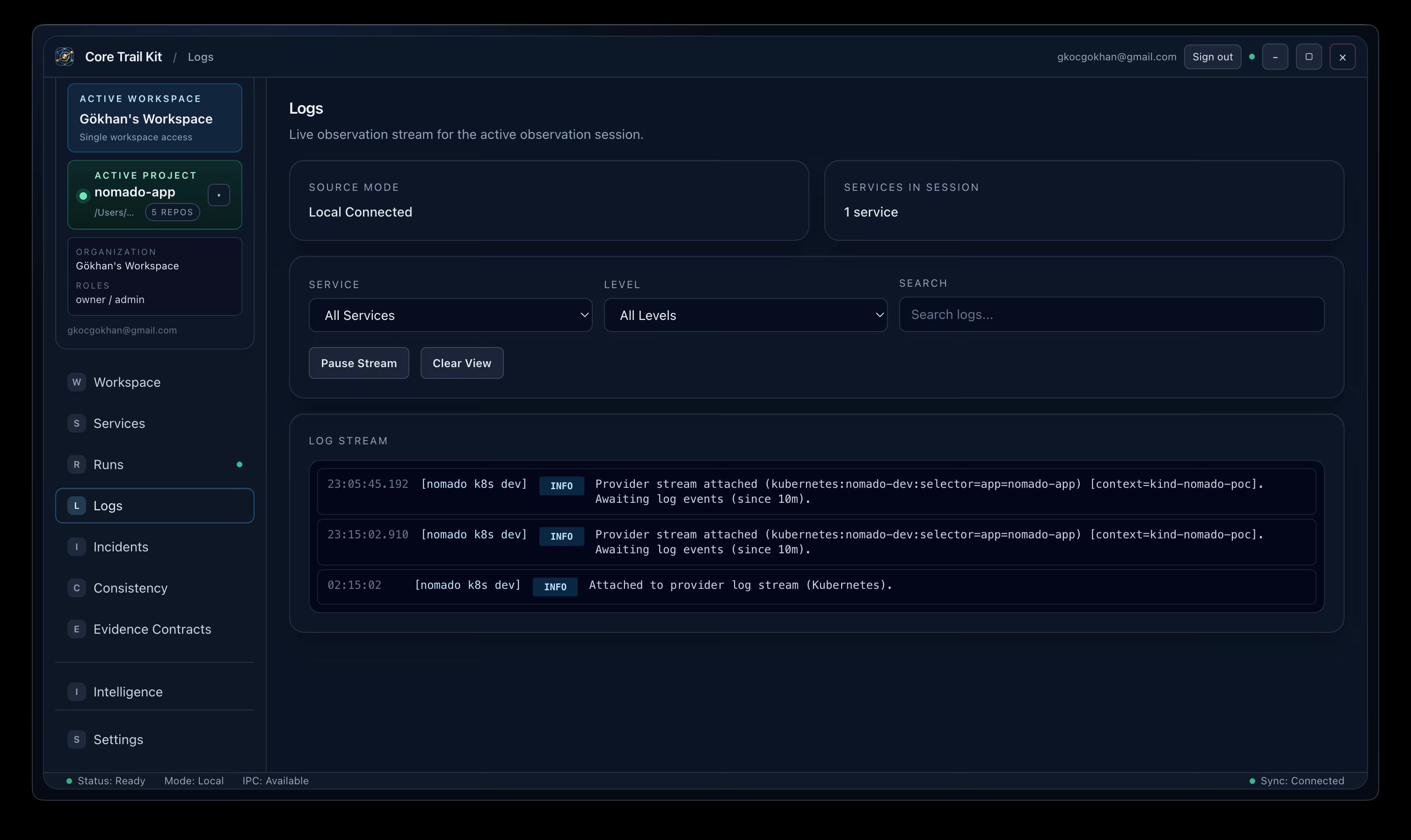 Core Trail Kit logs view showing live observation stream for configured services.
